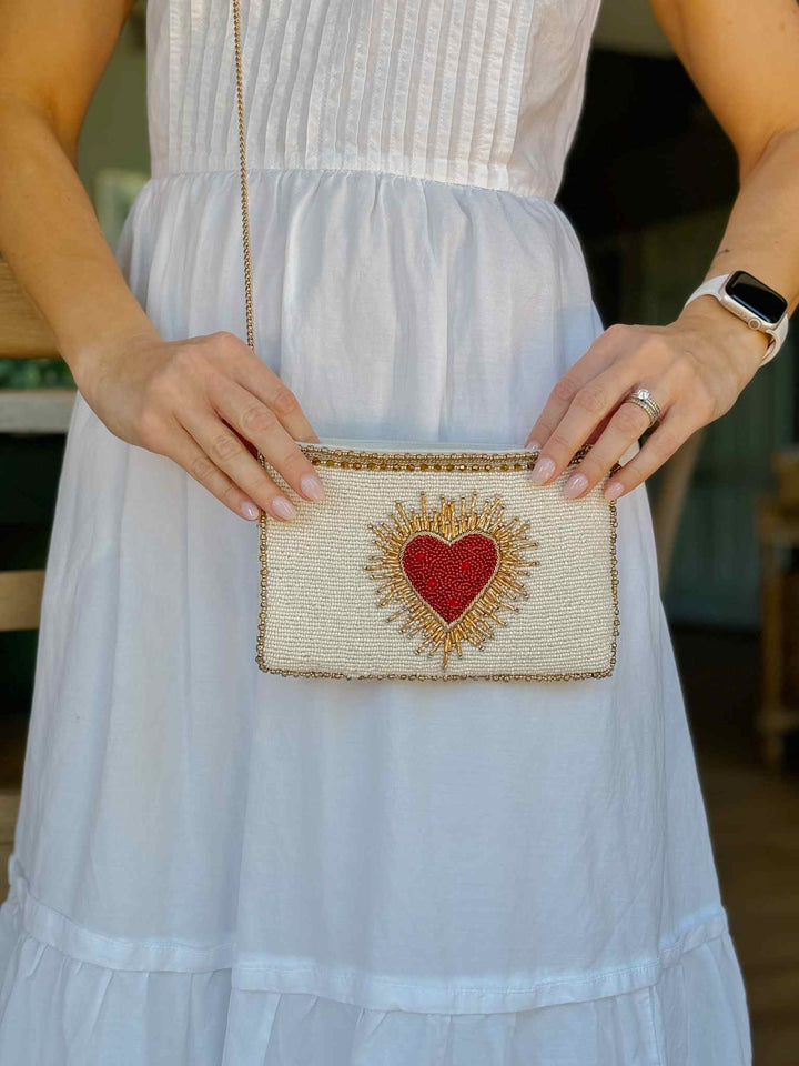 Beaded Sacred Heart Crossbody Phone Bag - Ivory