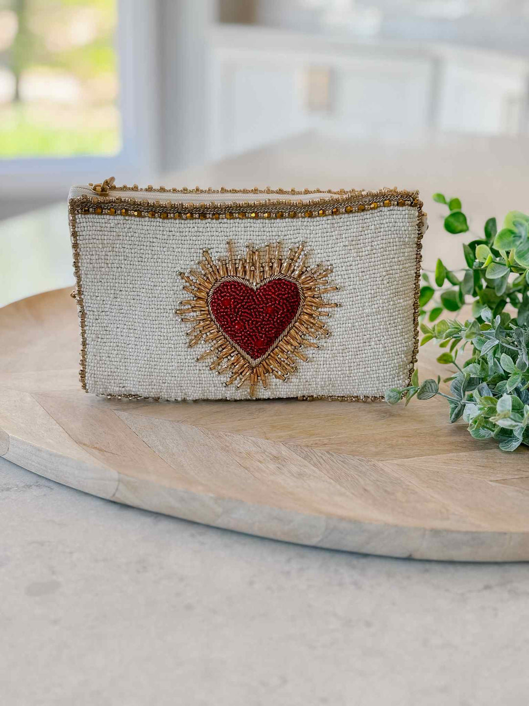 Beaded Sacred Heart Crossbody Phone Bag - Ivory