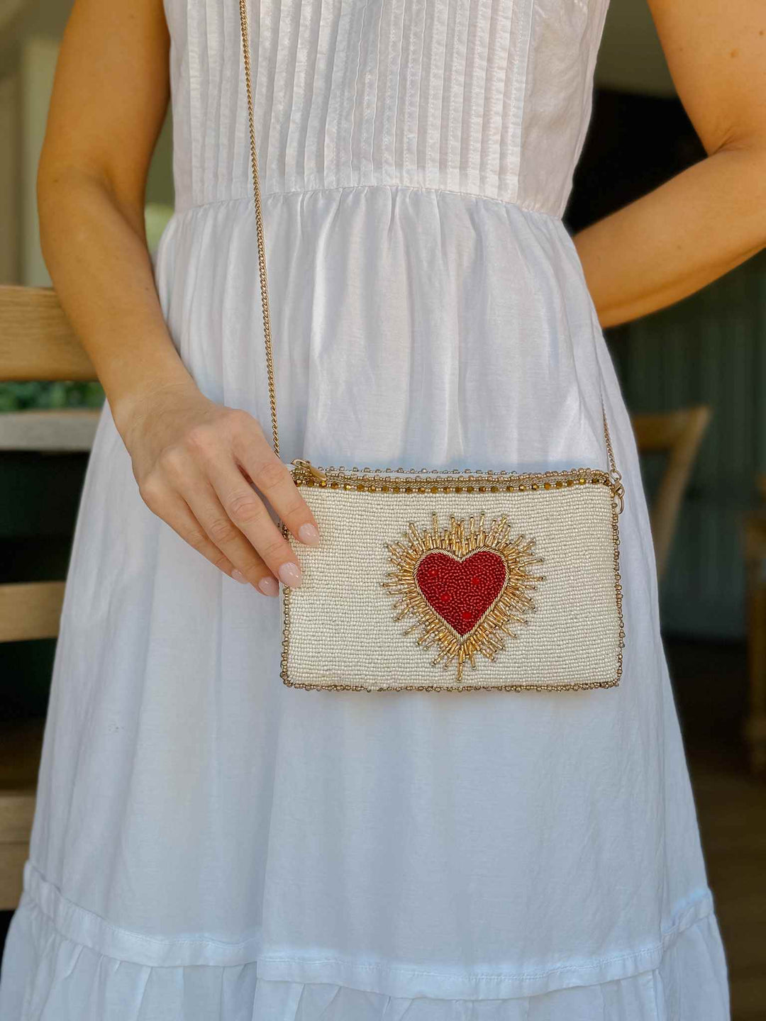 Beaded Sacred Heart Crossbody Phone Bag - Ivory