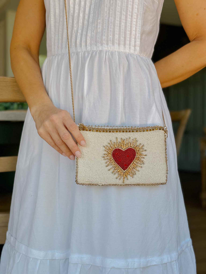 Beaded Sacred Heart Crossbody Phone Bag - Ivory