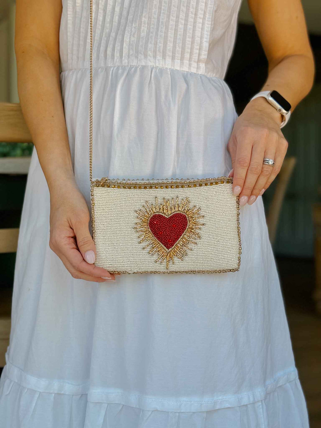 Beaded Sacred Heart Crossbody Phone Bag - Ivory