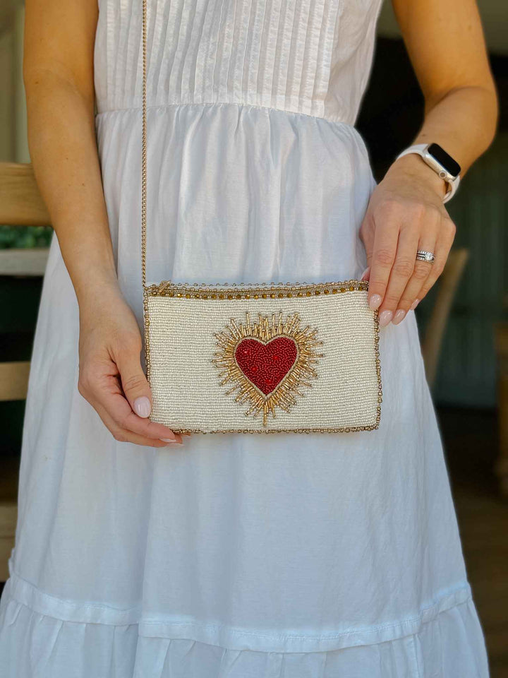 Beaded Sacred Heart Crossbody Phone Bag - Ivory