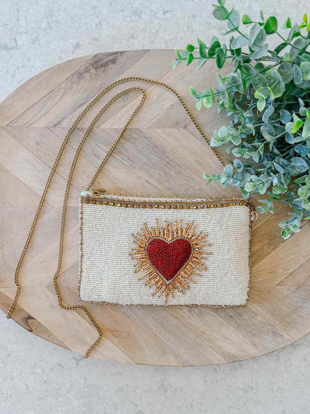 Beaded Sacred Heart Crossbody Phone Bag - Ivory