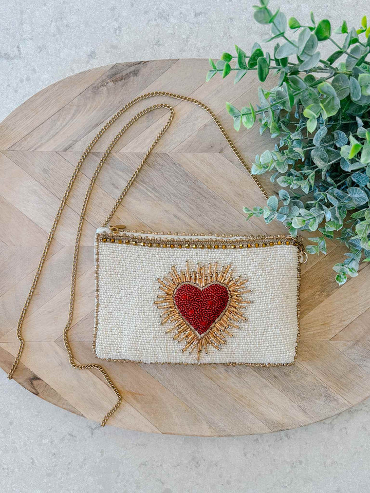 Beaded Sacred Heart Crossbody Phone Bag - Ivory