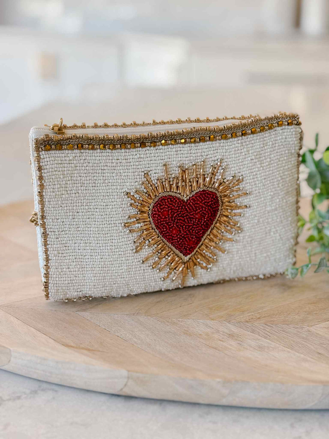Beaded Sacred Heart Crossbody Phone Bag - Ivory