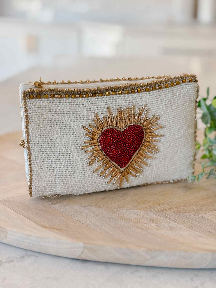Beaded Sacred Heart Crossbody Phone Bag - Ivory