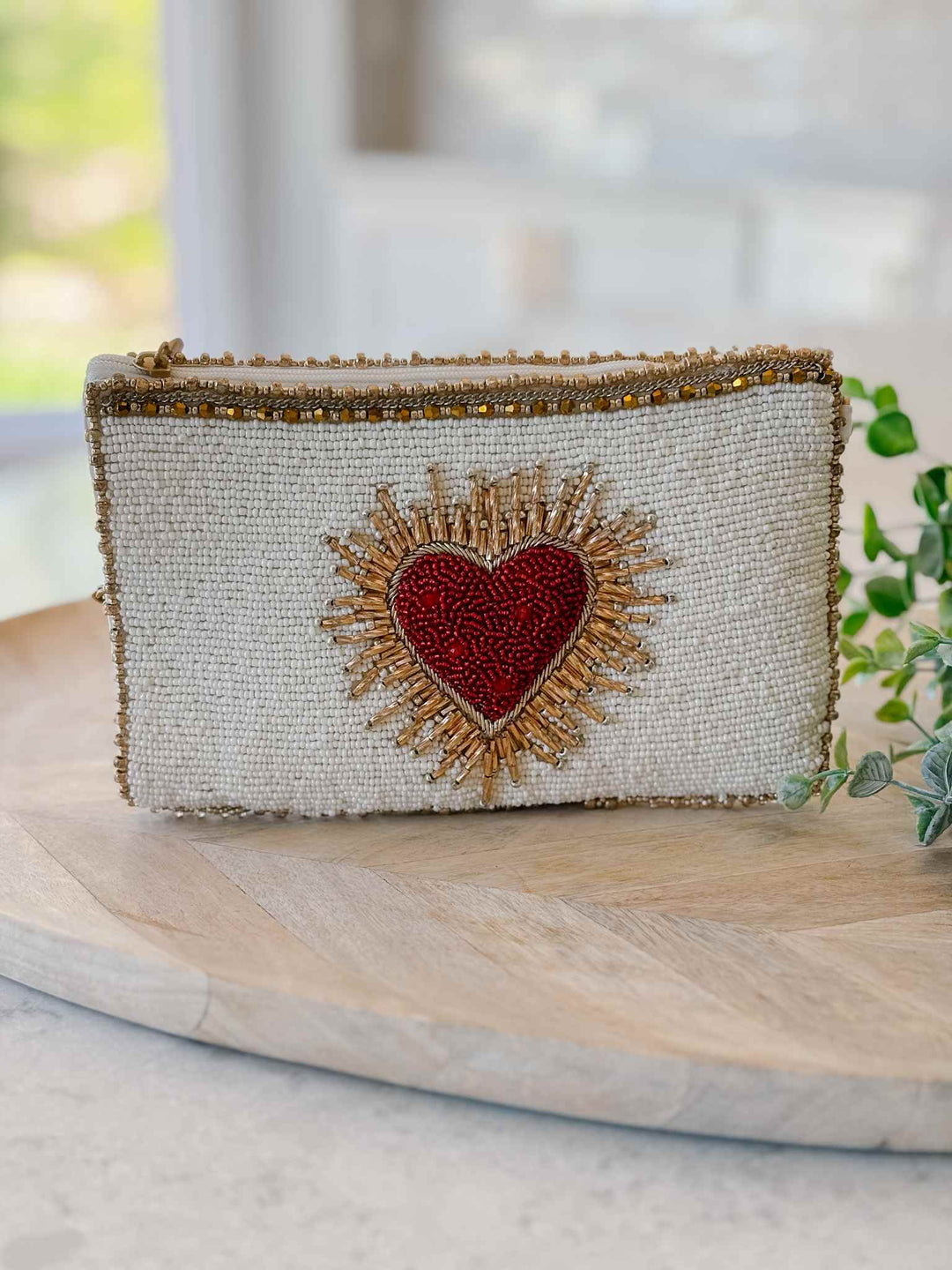 Beaded Sacred Heart Crossbody Phone Bag - Ivory