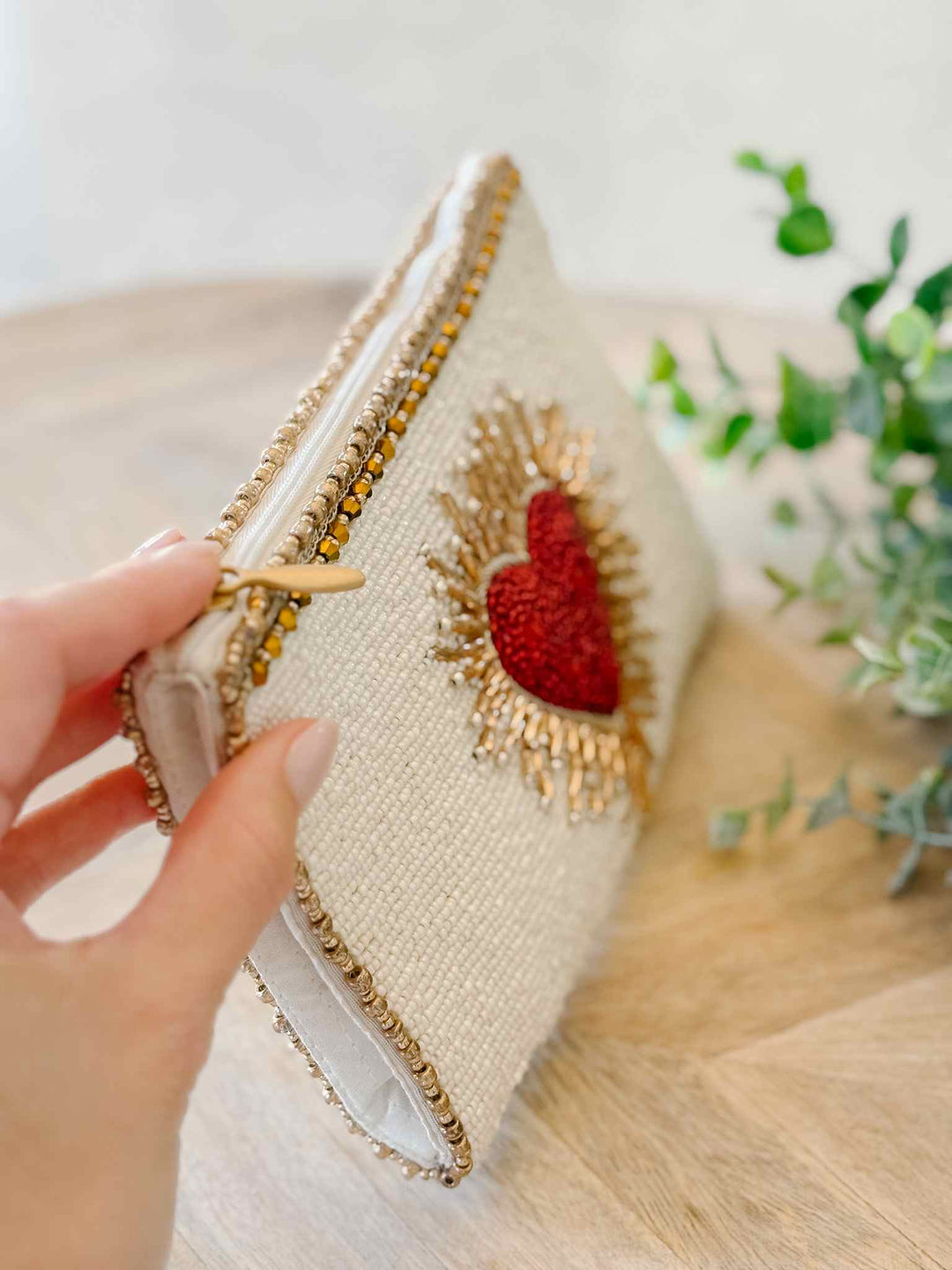 Beaded Sacred Heart Crossbody Phone Bag - Ivory