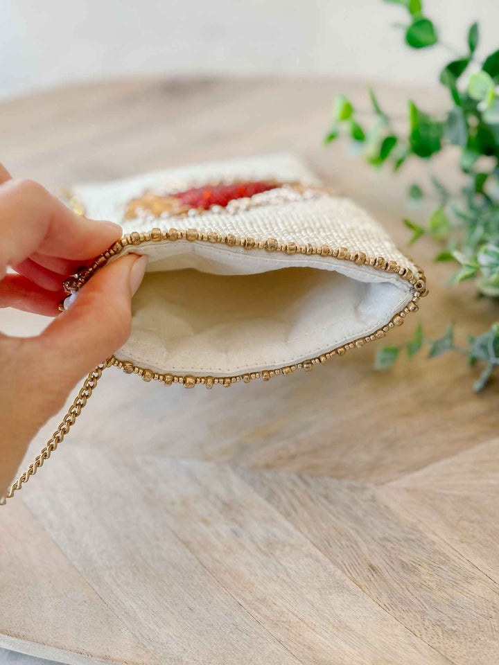 Beaded Sacred Heart Crossbody Phone Bag - Ivory