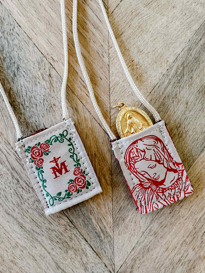 Brown Scapular, Cream & Rose Pietà