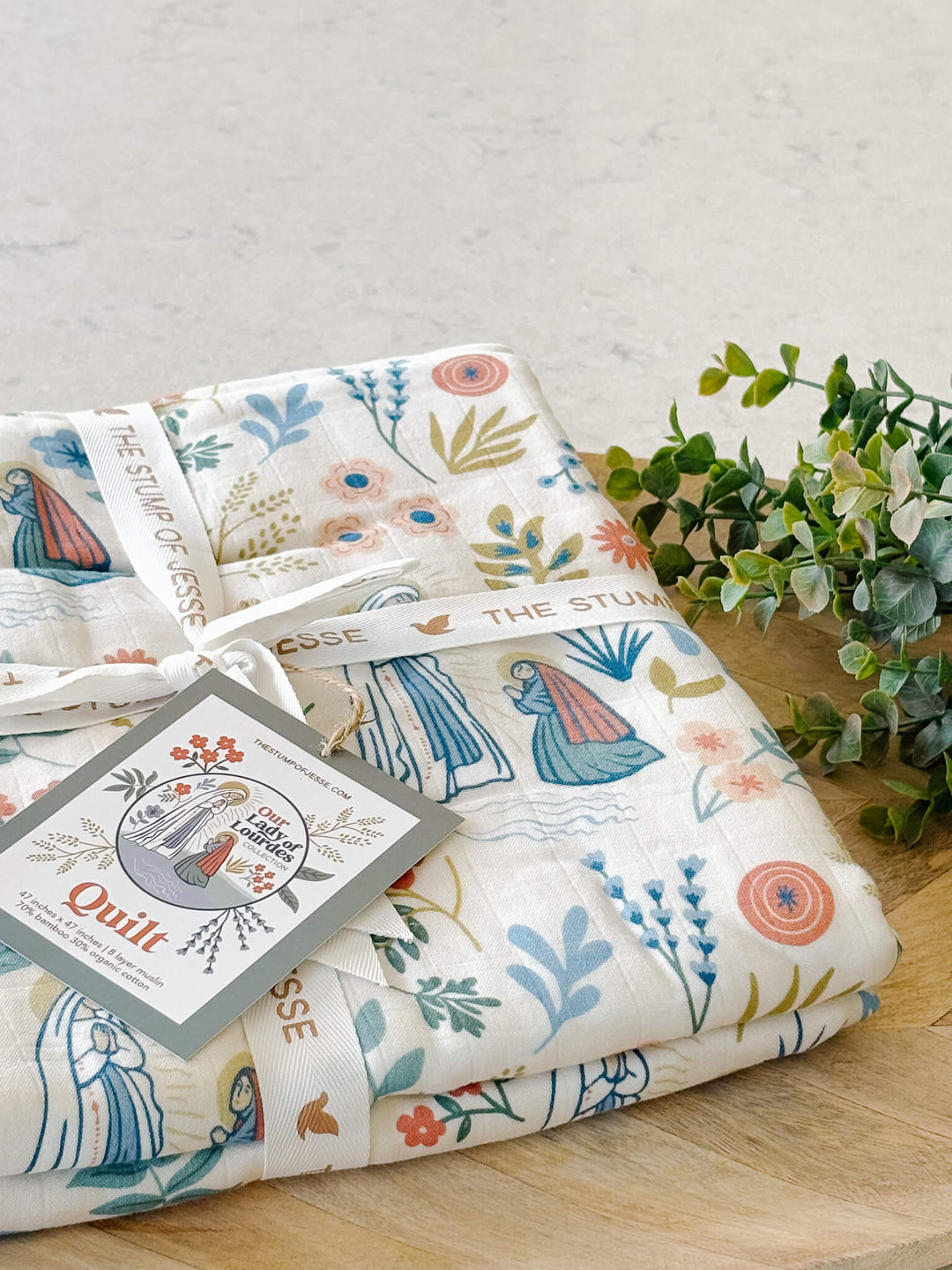 Our Lady of Lourdes &amp; St. Bernadette Quilt - Beige
