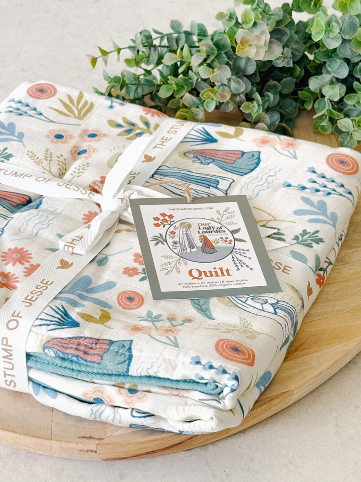 Our Lady of Lourdes &amp; St. Bernadette Quilt - Beige