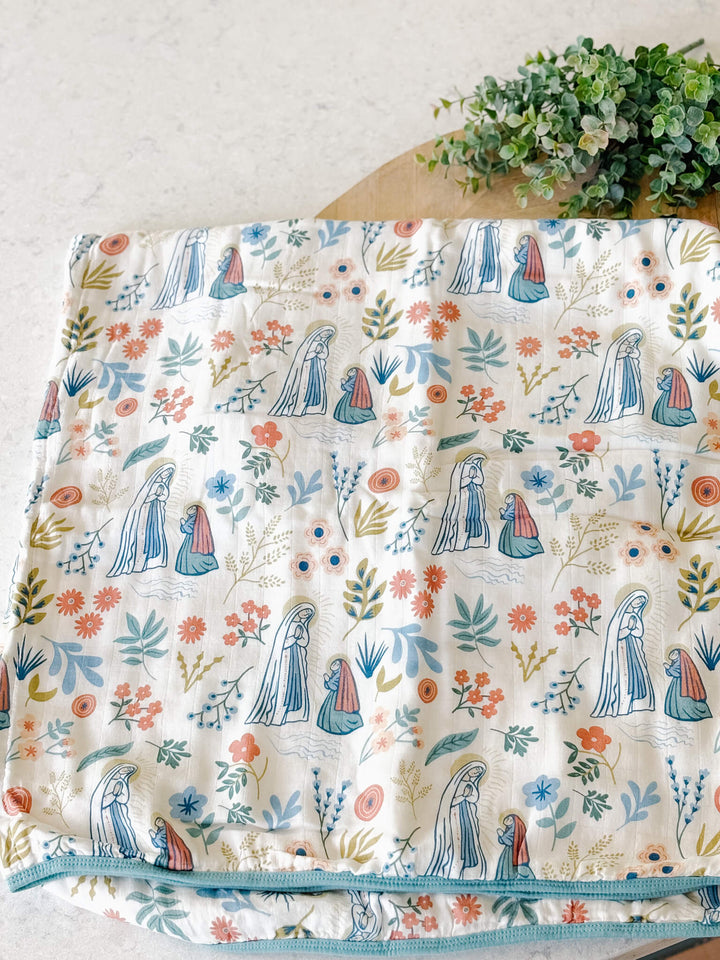 Our Lady of Lourdes &amp; St. Bernadette Quilt - Beige