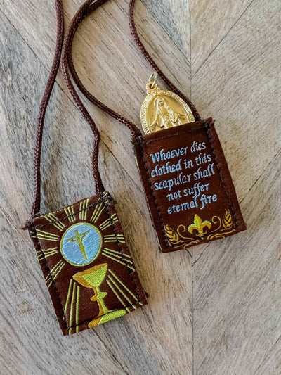 Kids Brown Scapular, Brown & Gold, Eucharist