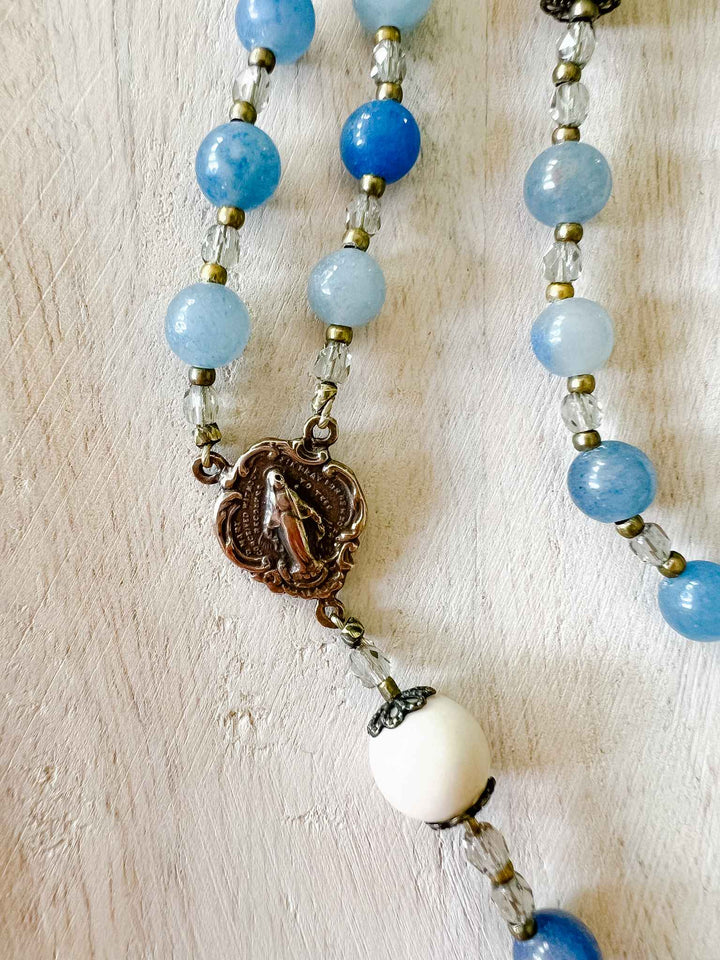 Blue Glass One Decade Rosary With Miraculous Medal Keychain - 6 Inch Finger Rosary Or Bag Clip