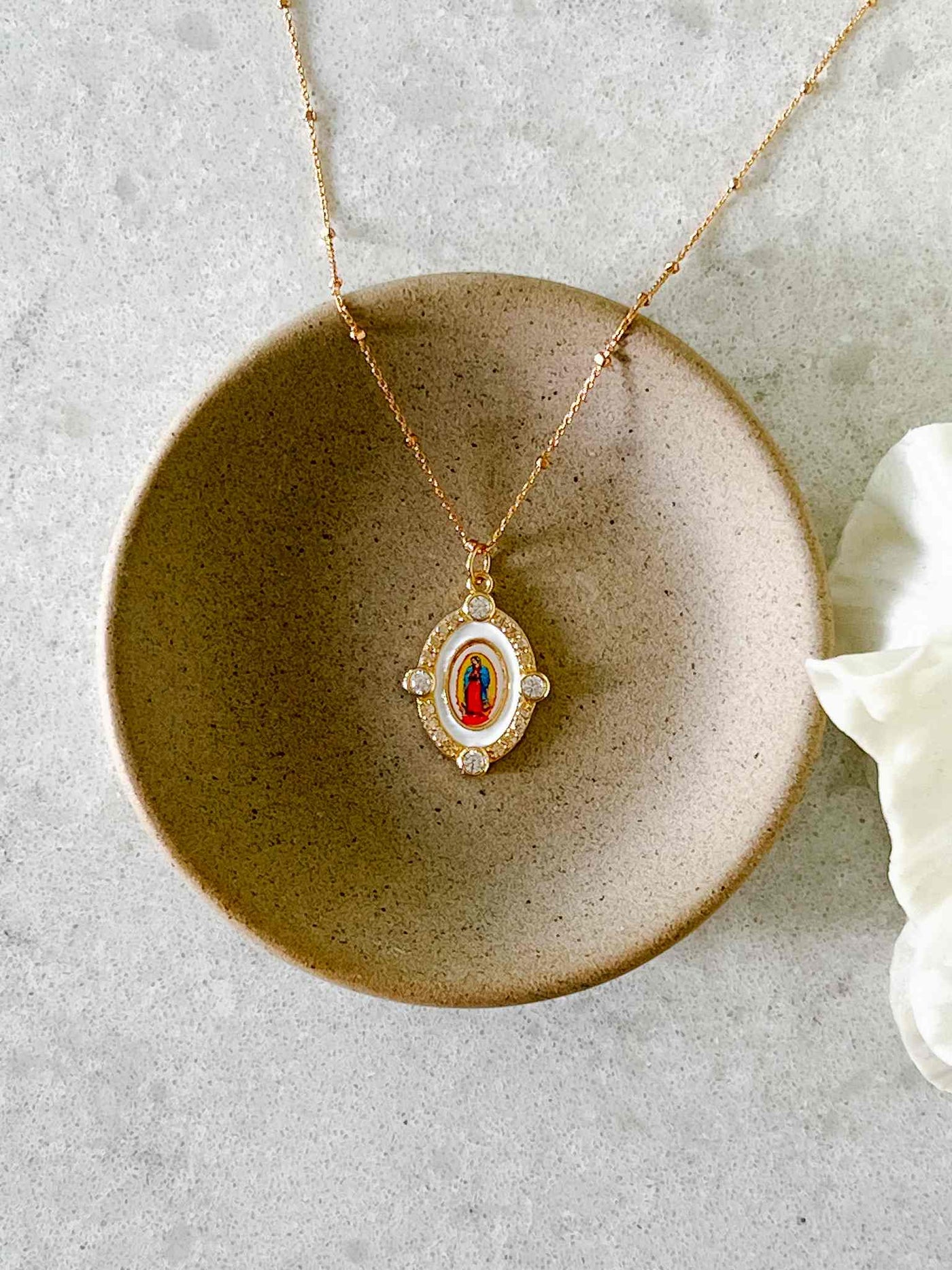 Solid Yellow Gold Round Our Lady Of Guadalupe Pendant Necklace