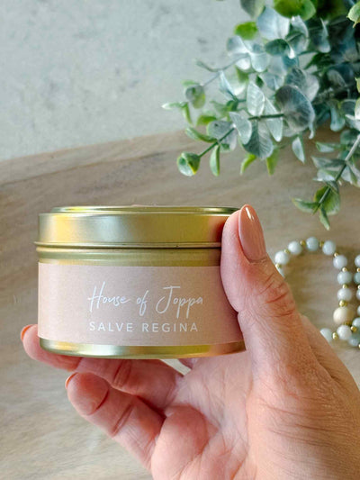 Salve Regina Candle Tin - Fresh Roses + Black Currant + Sunshine