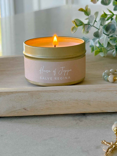 Salve Regina Candle Tin - Fresh Roses + Black Currant + Sunshine