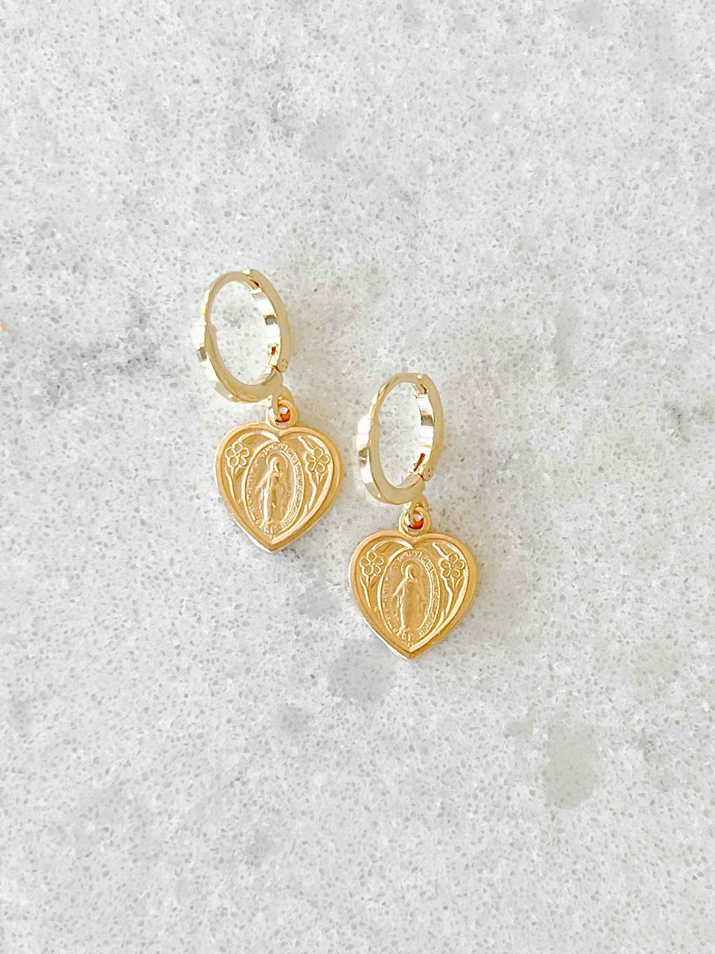 Heart Shaped Miraculous Medal Earrings