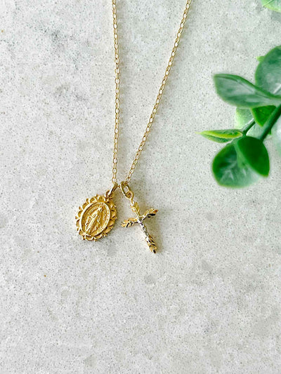 Miraculous Medal & Two-Toned Crucifix Necklace